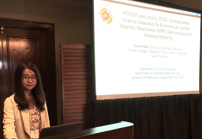 <strong>Yuexi Chen</strong> presenting “ROTDIF-web and ALTENS: GenApp-based Science Gateways for Biomolecular Nuclear Magnetic Resonance (NMR) Data Analysis and Structure Modeling” at Gateways 2019.